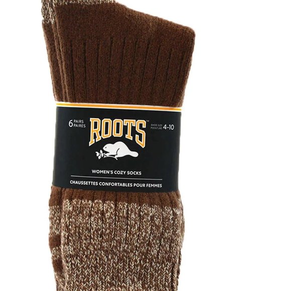 NEW Roots Women's Cozy Sock, 6-pack, Cabin, Ribbed, Brown, neutral crew socks - Picture 2 of 2